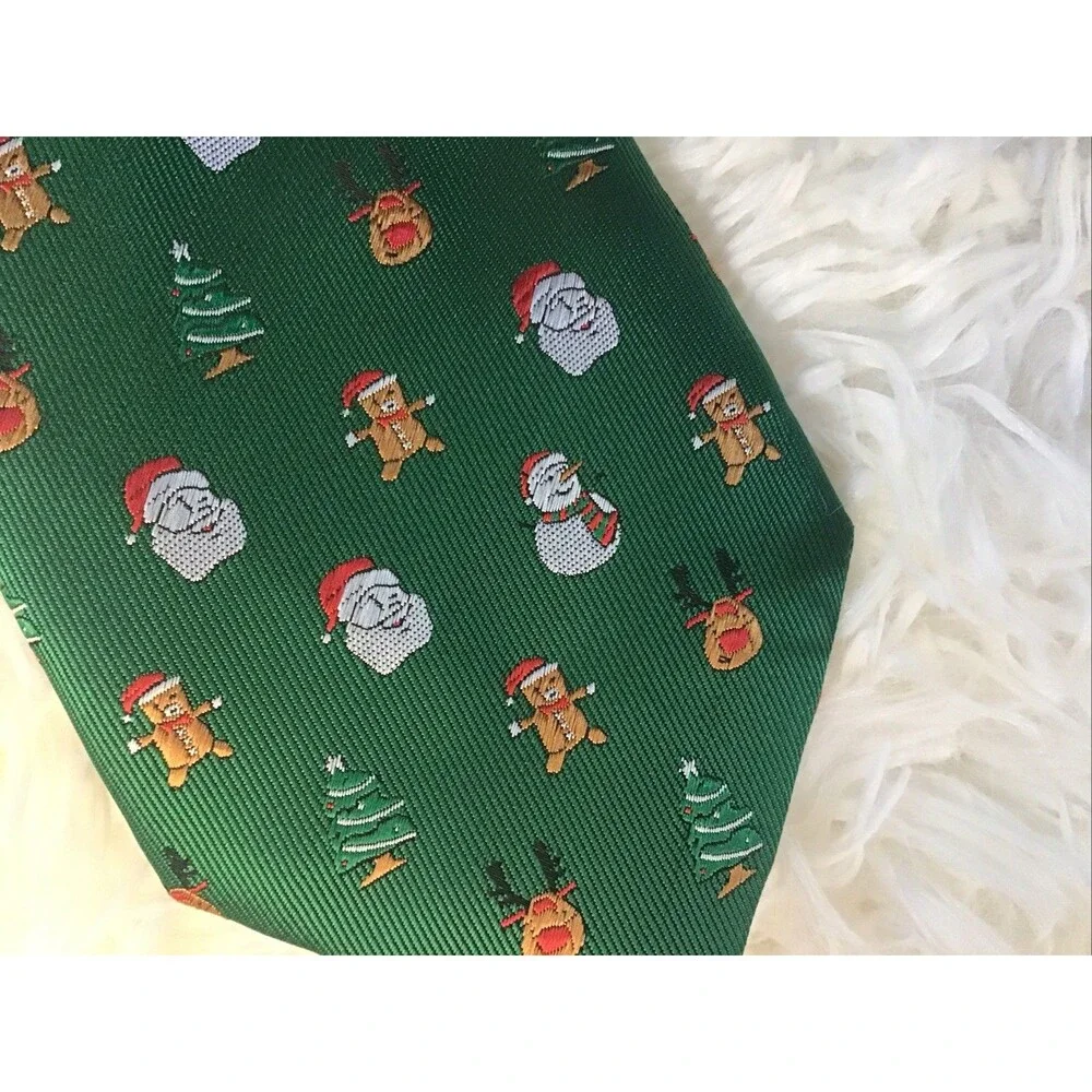 Green Christmas Neck Tie 3 Inch Silk Santa Reindeer Holiday Party